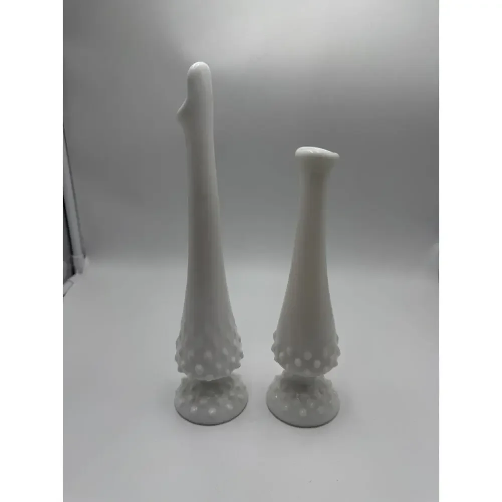 Vintage Set of 2 Fenton Bud Vases White Milk Glass Hobnail Footed Swung